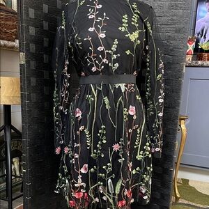 Black Long-Sleeve Embroidered Floral Midi Dress